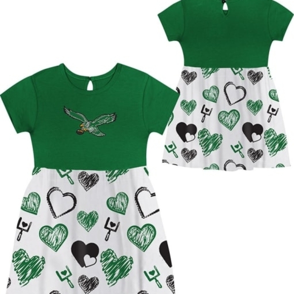Green and White Kids Dress with Heart Pattern - Picture 1 of 6